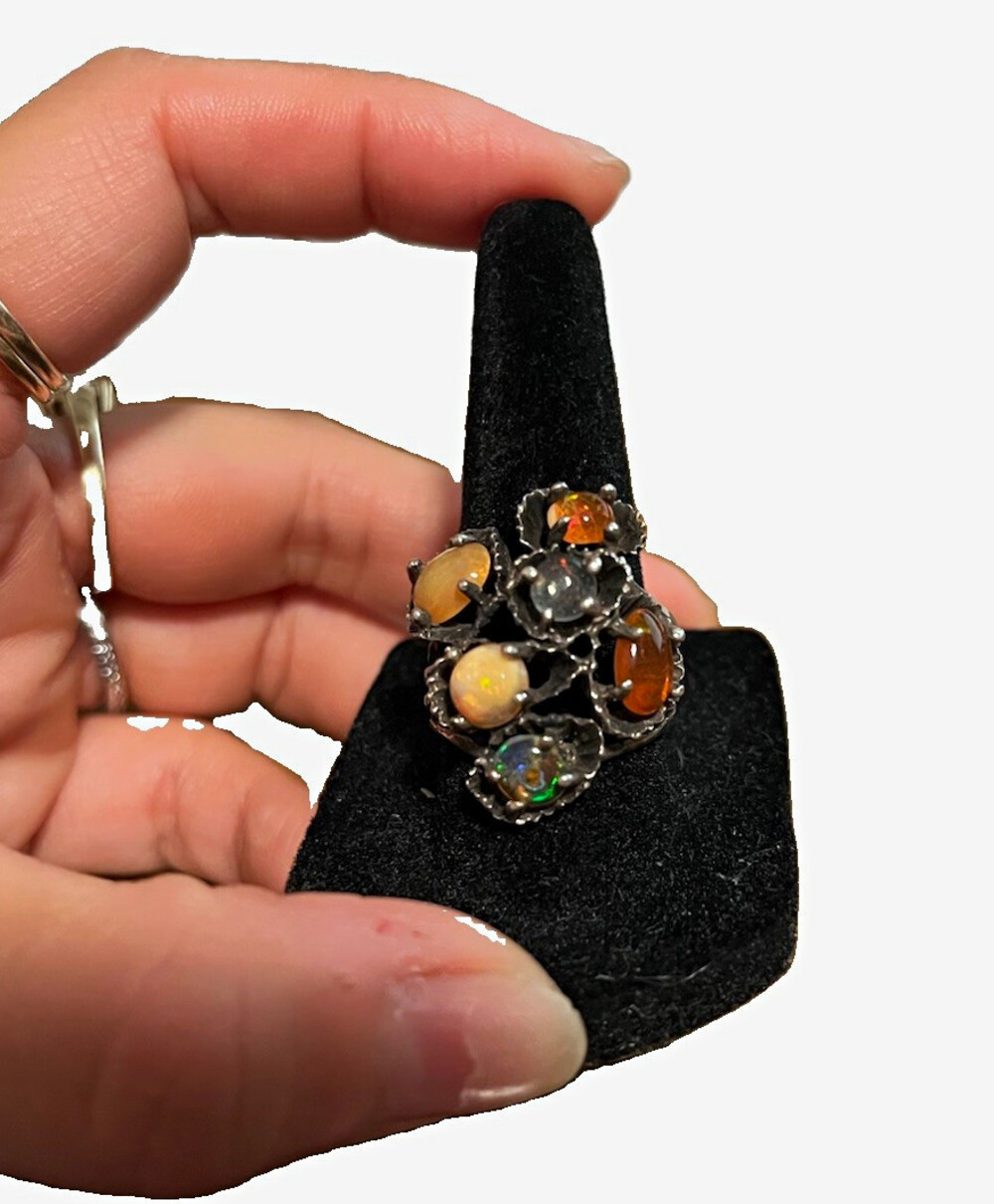 Sterling Silver 925 brutalist fire opal cluster ring. Size 7.5 marked